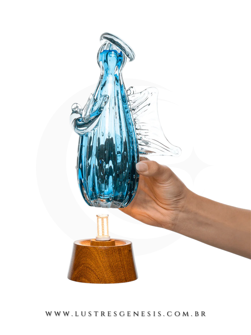 Abajur Decorativo Anjo Gabriel Murano Verde Esmeralda Base Madeira 19cm ou 25cm Para Quarto Sala Cabeceira